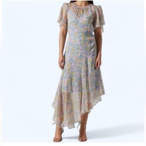 NWT ASTR Mirella pink blue floral chiffon midi dress size Large